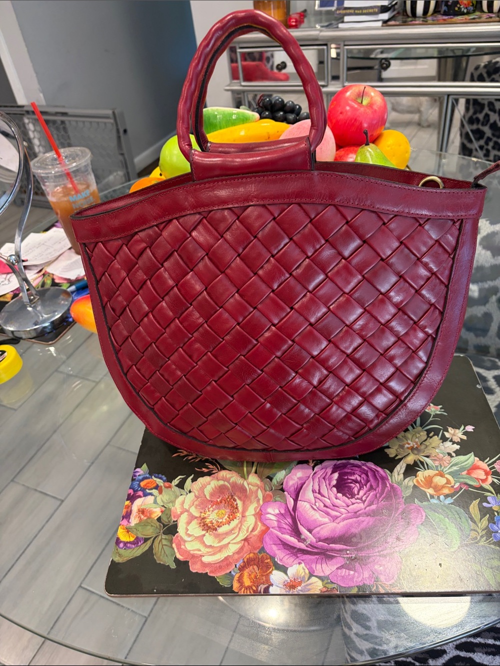 Woven Leather Tote Bag in Deep Red